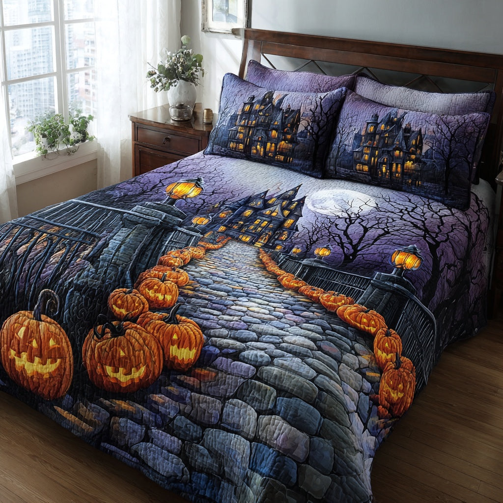 Black Cat Pumpkin 3-Piece Quilted Bedding Set NCU0VL3689