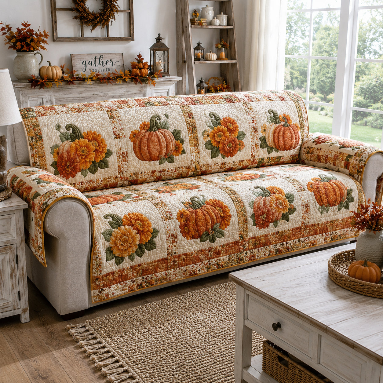 Harvest Pumpkin Market Quilted Sofa Cover NCU0DV9953