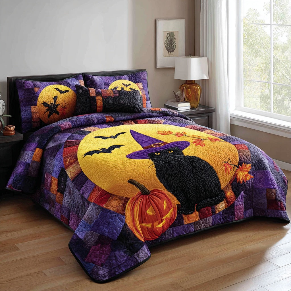 Moonlight Cat Path 3-Piece Quilted Bedding Set NCU0VL3695