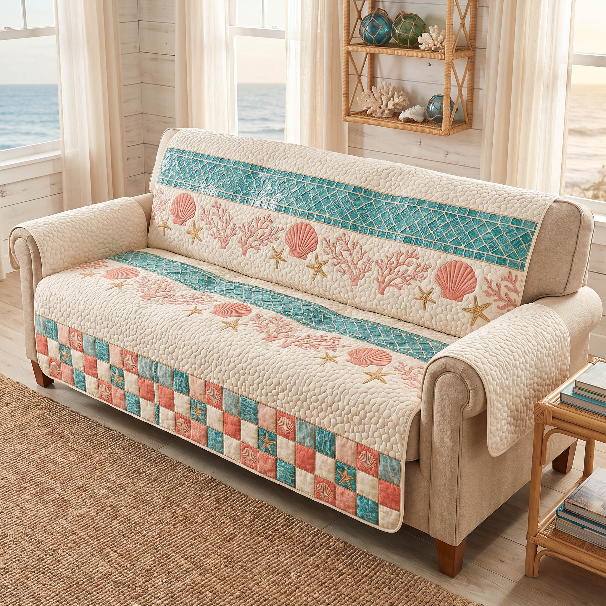 Sea Glass Charm Quilted Sofa Cover NCU0TD2963